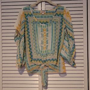 One World Geometric Print Tie-Front Blouse - Green, Yellow, Cream